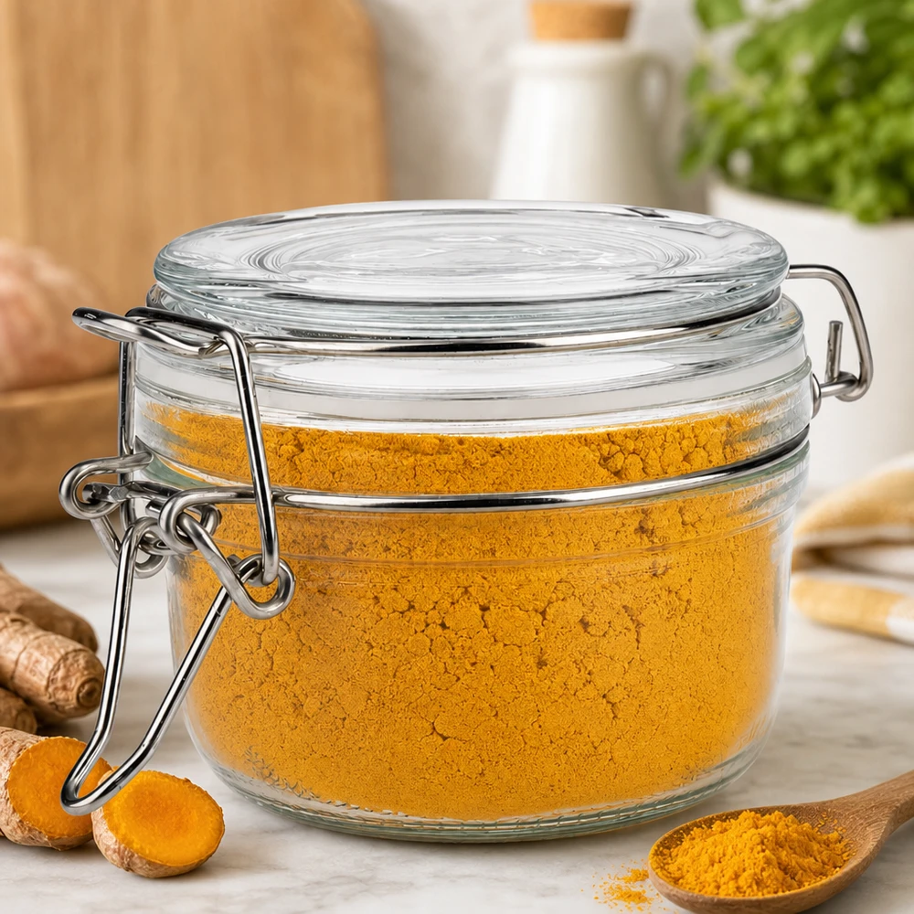 Luchtdicht bewaarpotje van 100 ml met metalen handvat, perfect voor kurkuma en andere kruidenpoeders