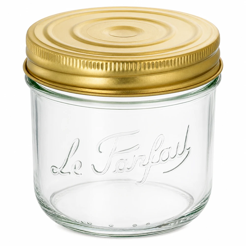 Le Parfait® Familia Wiss 350 g Ø100 mm pot 415 ml Familia Wiss mason jar met gouden schroefdeksel en Le Parfait reliëf voor conserveren en inblikken