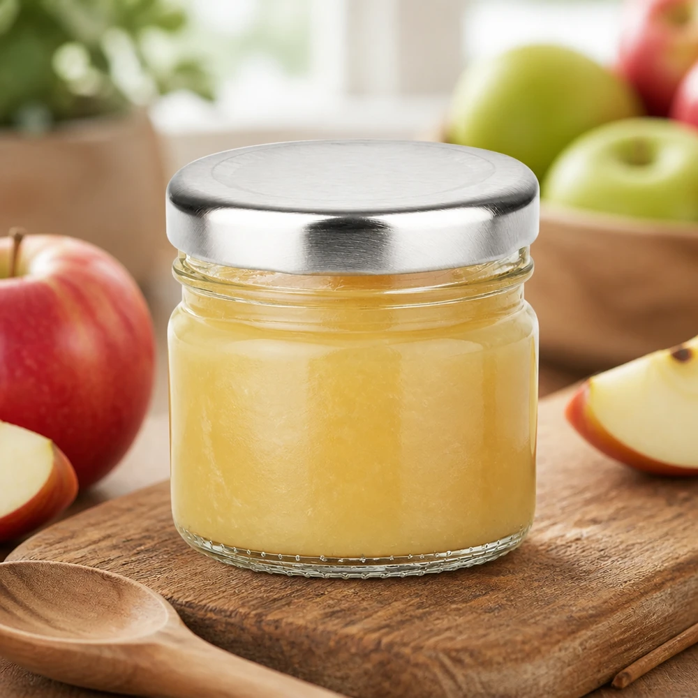 33 ml rond glas + BasicSeal-deksel zilver UNiTWIST Rond glazen potje van 33 ml met BasicSeal-deksel, als handige portie voor jam en vruchtenmoes