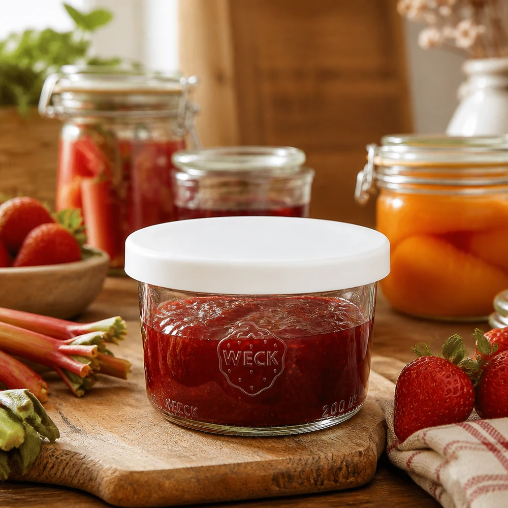 WECK RR80 bekers 200ml met aardbeienjam en wit siliconen deksel in rustieke keuken met vers fruit