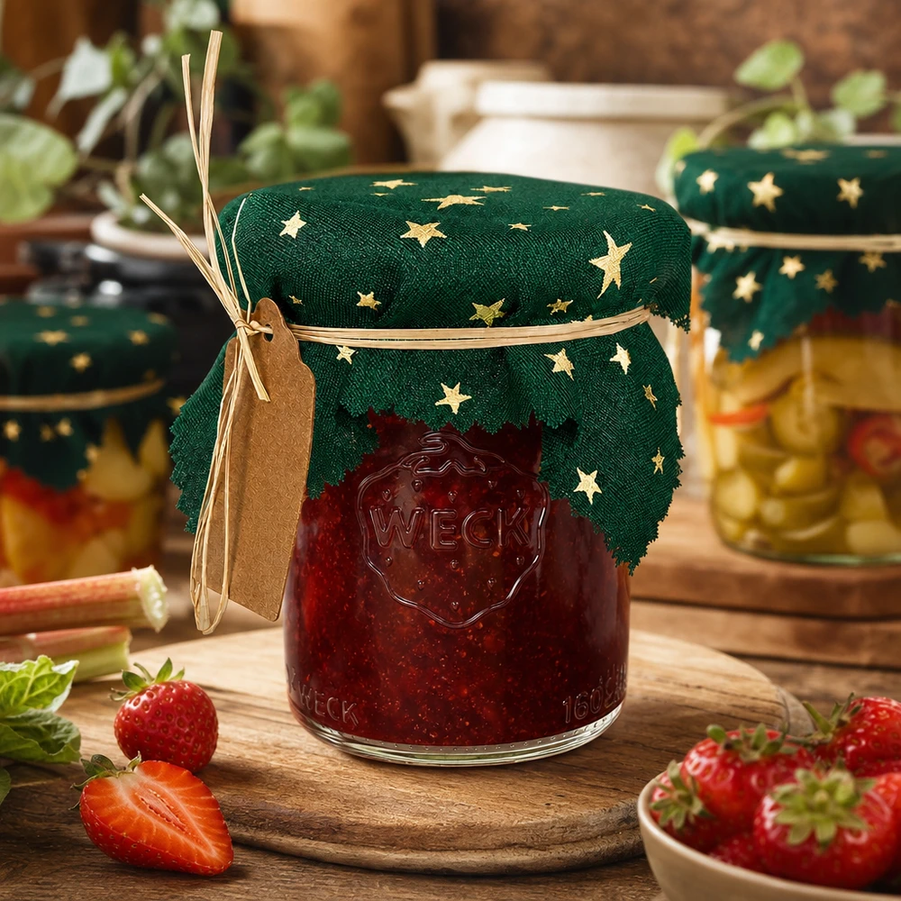 Groene ster 12cm vierkant op aardbeien jampot, rustiek keukentafereel met verse aardbeien