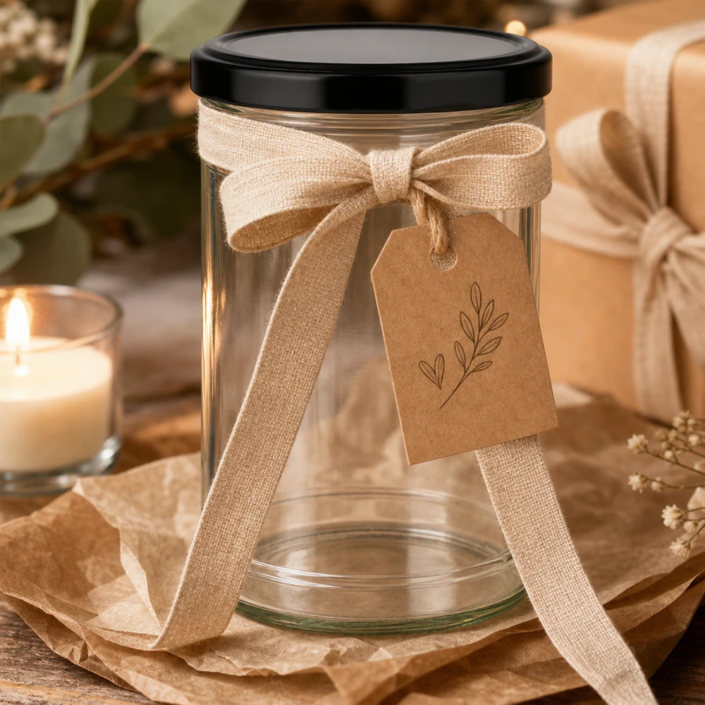 1053ml beker met BasicSeal deksel zwart UNiTWIST 1053 ml bekers met zwart deksel als geschenkverpakking versierd met een strik en een label van kraftpapier