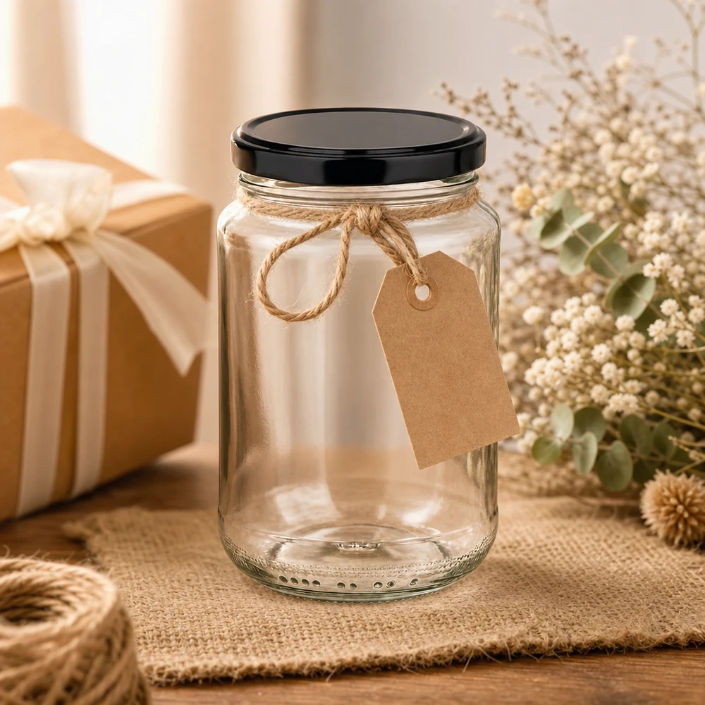 375ml rond glas met BasicSeal deksel zwart UNiTWIST 375 ml ronde pot decoratief opgevoerd met kraftpapier label en jute koord als geschenkverpakking inmaakpot
