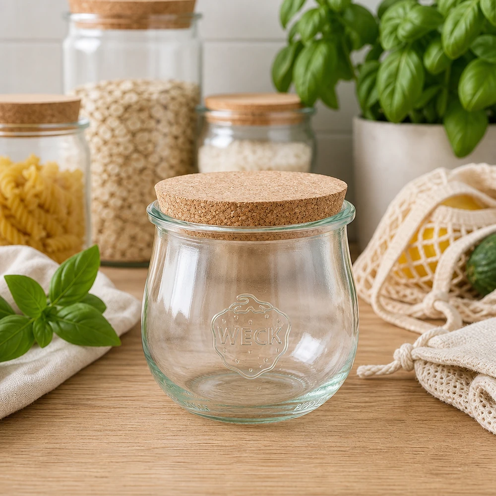 WECK tulpenpot 370ml RR80 met kurk in duurzame zero waste keuken tussen voorraadpotten en basilicum