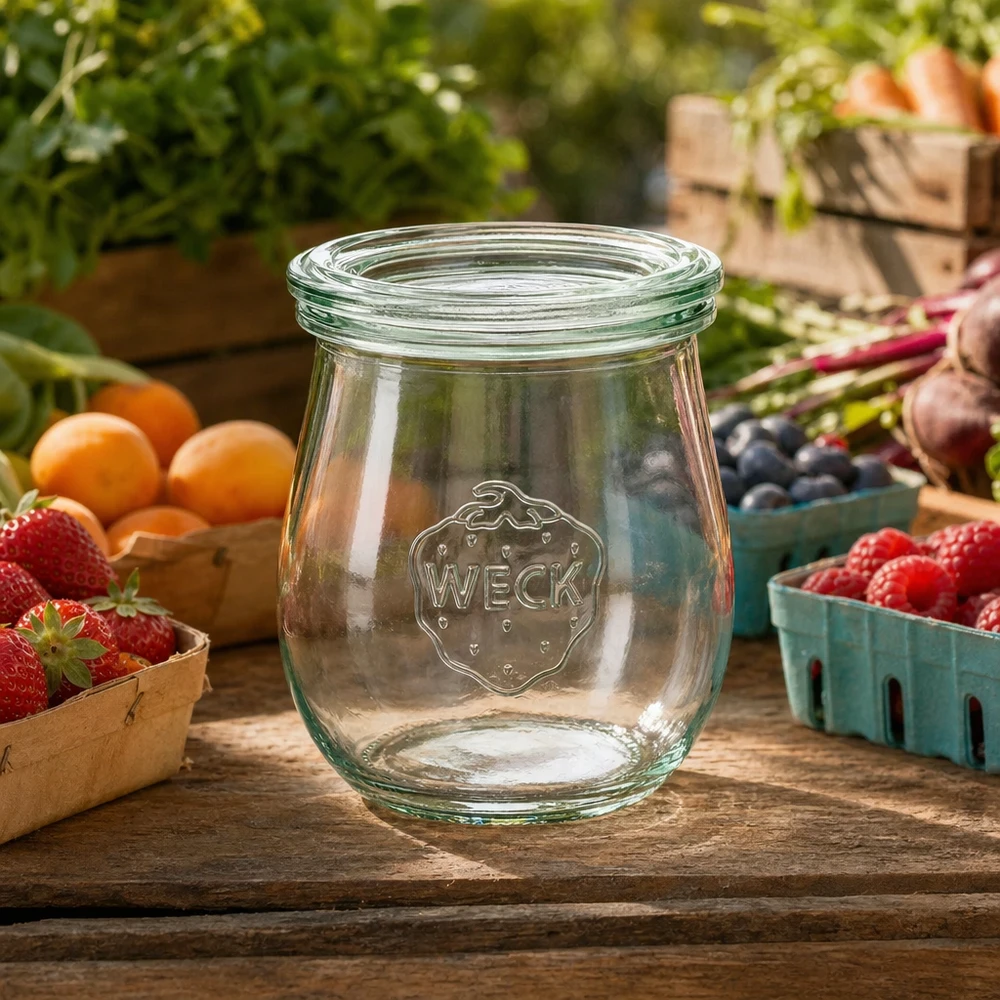 Tulpenpot van 220 ml met glazen deksel WECK RR60 WECK tulpenpot 220ml RR60 leeg op een houten tafel omringd door vers fruit en groenten in een natuurlijke tuinomgeving