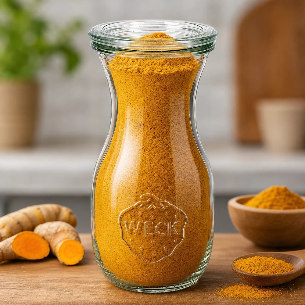 Sapfles van 290 ml met glazen deksel WECK RR60 WECK sapfles 290ml RR60 gevuld met kurkumapoeder naast verse kurkumawortels en houten schaaltjes op de keukentafel