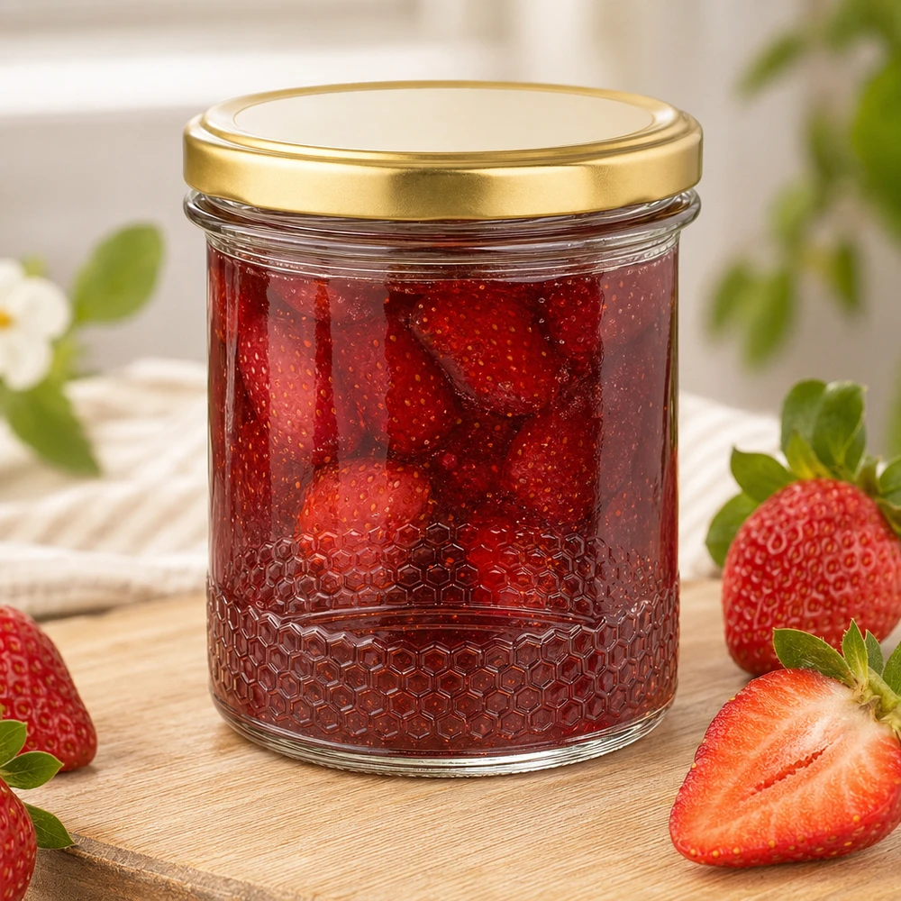 Honingpot 560 g met gouden BasicSeal UNiTWIST-deksel 400 ml honingpot met BasicSeal deksel goud UNiTWIST als jampot voor aardbeienjam met verse aardbeien