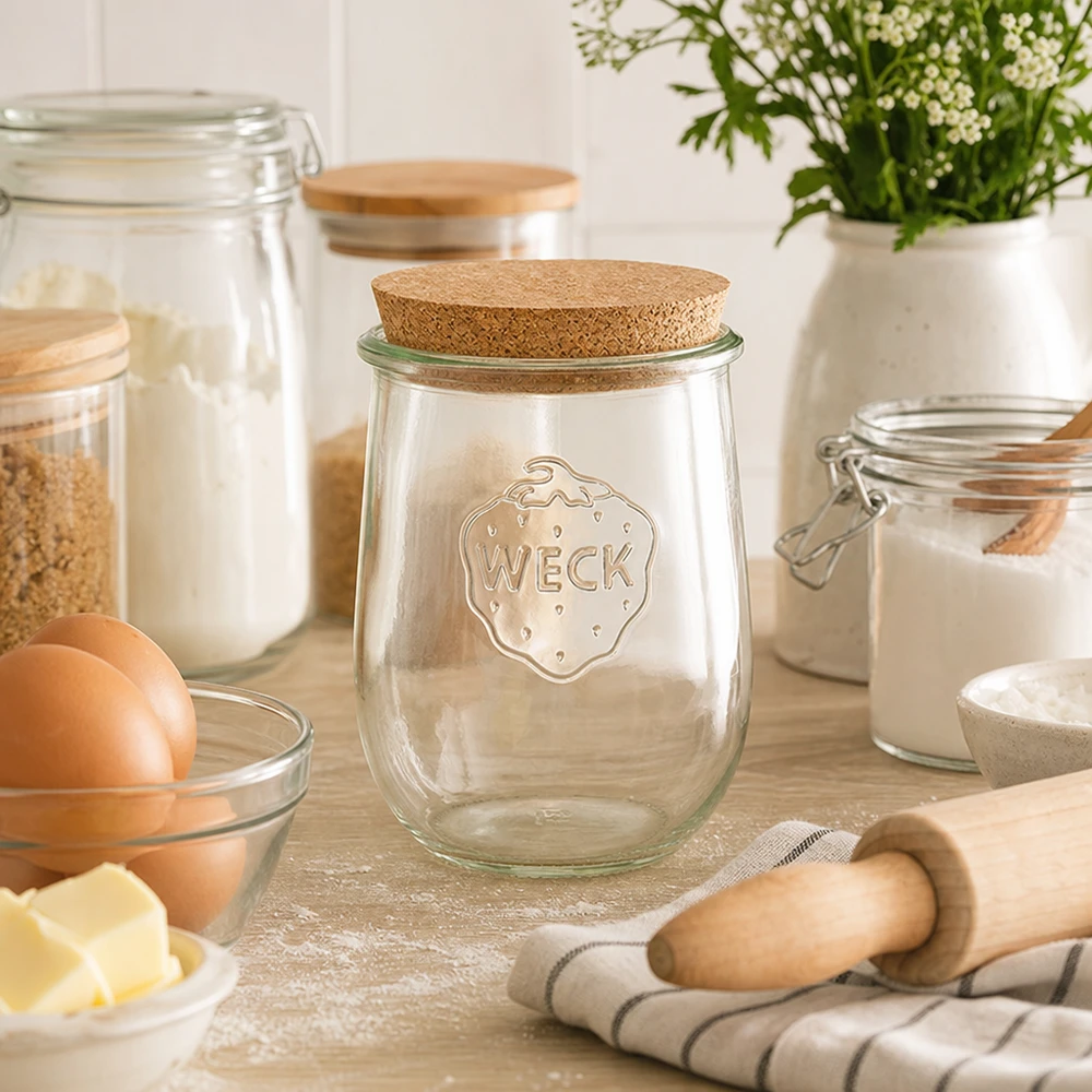 1062ml tulpenglas WECK RR100 met kurk WECK tulp pot RR100 1062ml met kurk in een gezellige bakkerij keuken naast meel, eieren en bak ingrediënten opslag