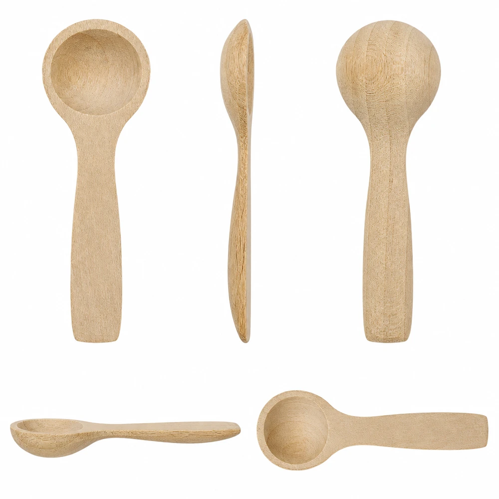 Houten schep maat S lepelvorm - 77mm lang Vijf aanzichten van de kleine houten lepel 7,7 cm vanuit verschillende hoeken laten de vorm en afwerking van de beukenhouten lepel zien.