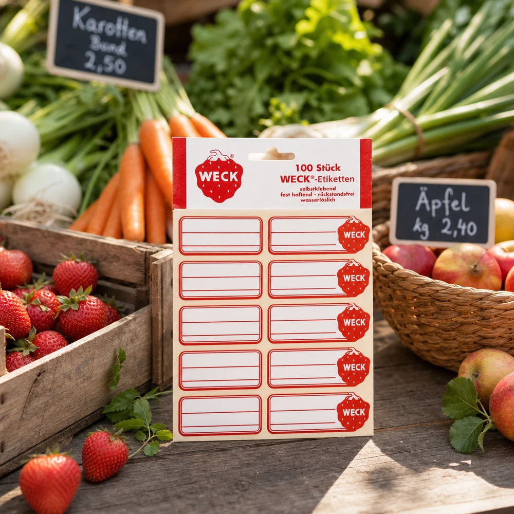 WECK etiketten 100 stuks verpakking in de marktkraam tussen verse fruitgroenten wortelen aardbeien appels