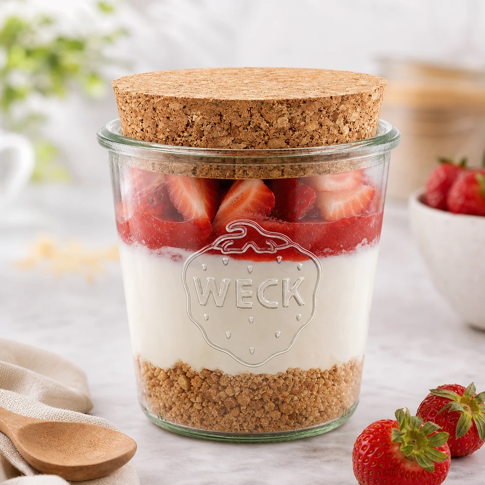 580ml stortglas WECK RR100 met kurk WECK pot 580ml RR100 met kurk als dessertpot voor aardbeien yoghurt muesli stijlvol gerangschikt op een witte tafel