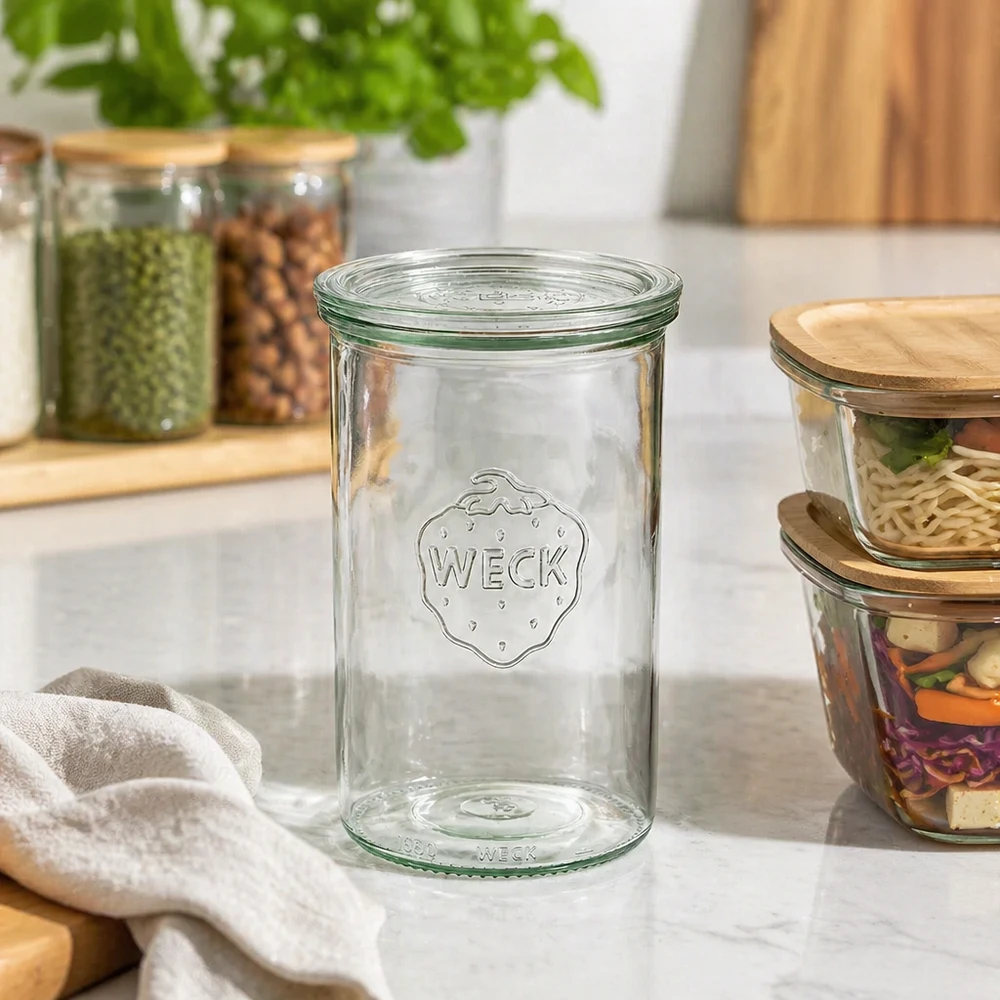 1000ml stortglas met glazen deksel WECK RR100 WECK inmaakpot 1000ml RR100 leeg op keukenblad tussen voorraadpotten met noten en kruiden