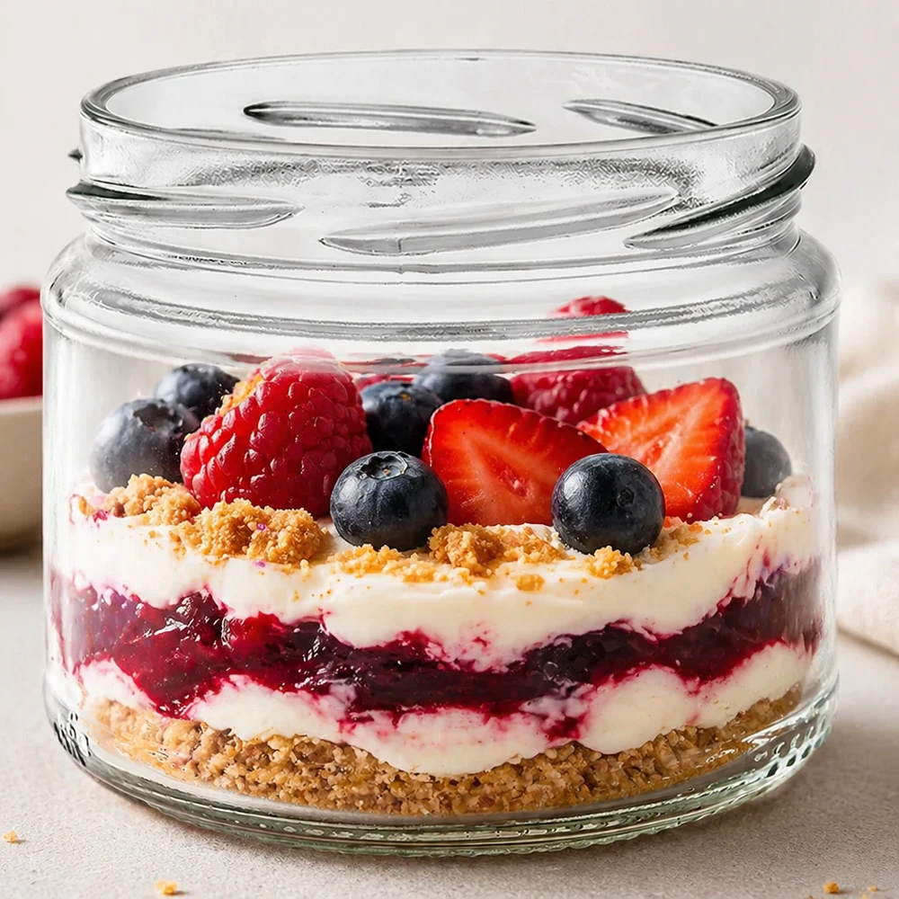 UNiTWIST Runda330 rond glas gevuld met kleurrijk bessendessert gelaagd dessert trifle bessen room biscuitbodem