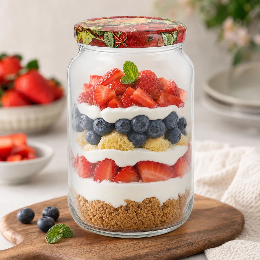 1062ml rond glas met BasicSeal deksel Fruit decor UNiTWIST 1062ml ronde pot BasicSeal deksel fruit decor gelaagd dessert bessen room biscuit basis trifle dessert mason pot