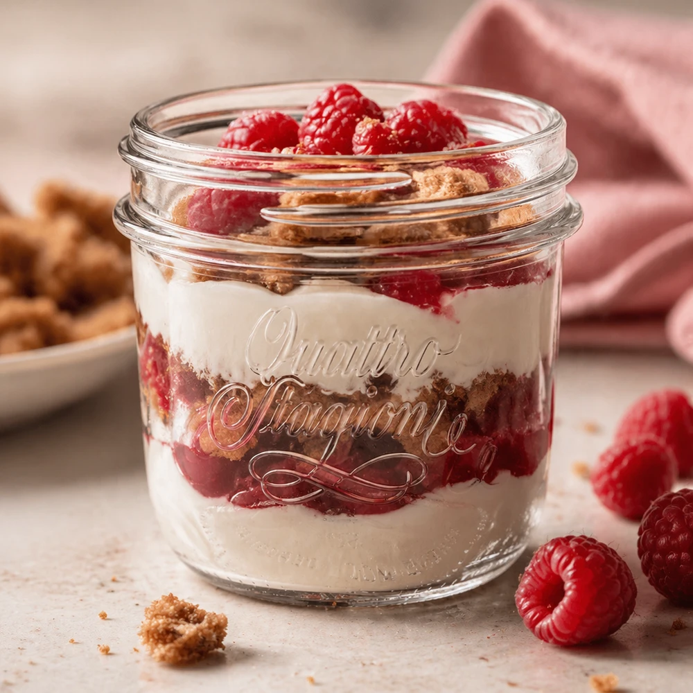 200 ml Quattro Stagioni decoratieve pot gevuld met dessert, frambozen en koekjes, transparante inmaakpot voor de keuken