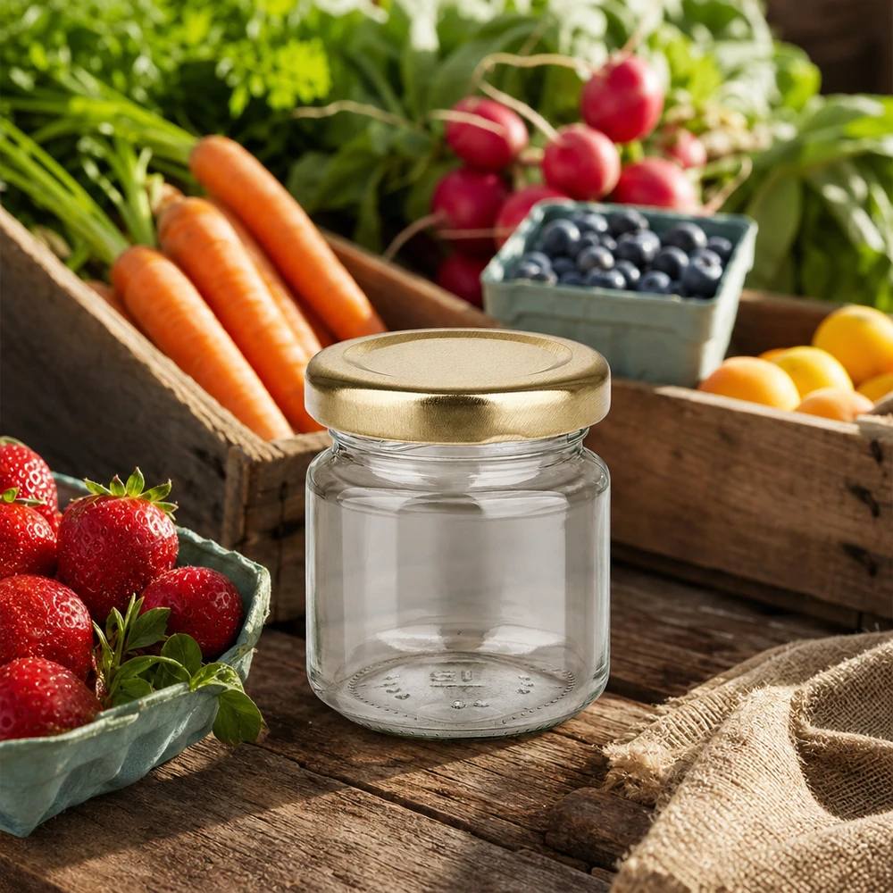 53ml rond glas met BasicSeal deksel goud UNiTWIST 53ml rond glas UNiTWIST met gouden BasicSeal deksel op een houten tafel omringd door vers fruit en groenten