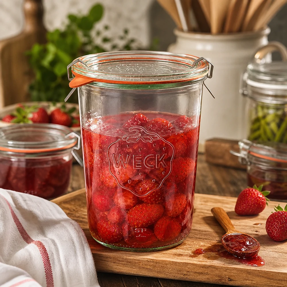 850ml stortglas compleet WECK RR100 Inmaakpot WECK 850 ml gevuld met aardbeienjam op een houten plank in een rustieke keuken met verse aardbeien
