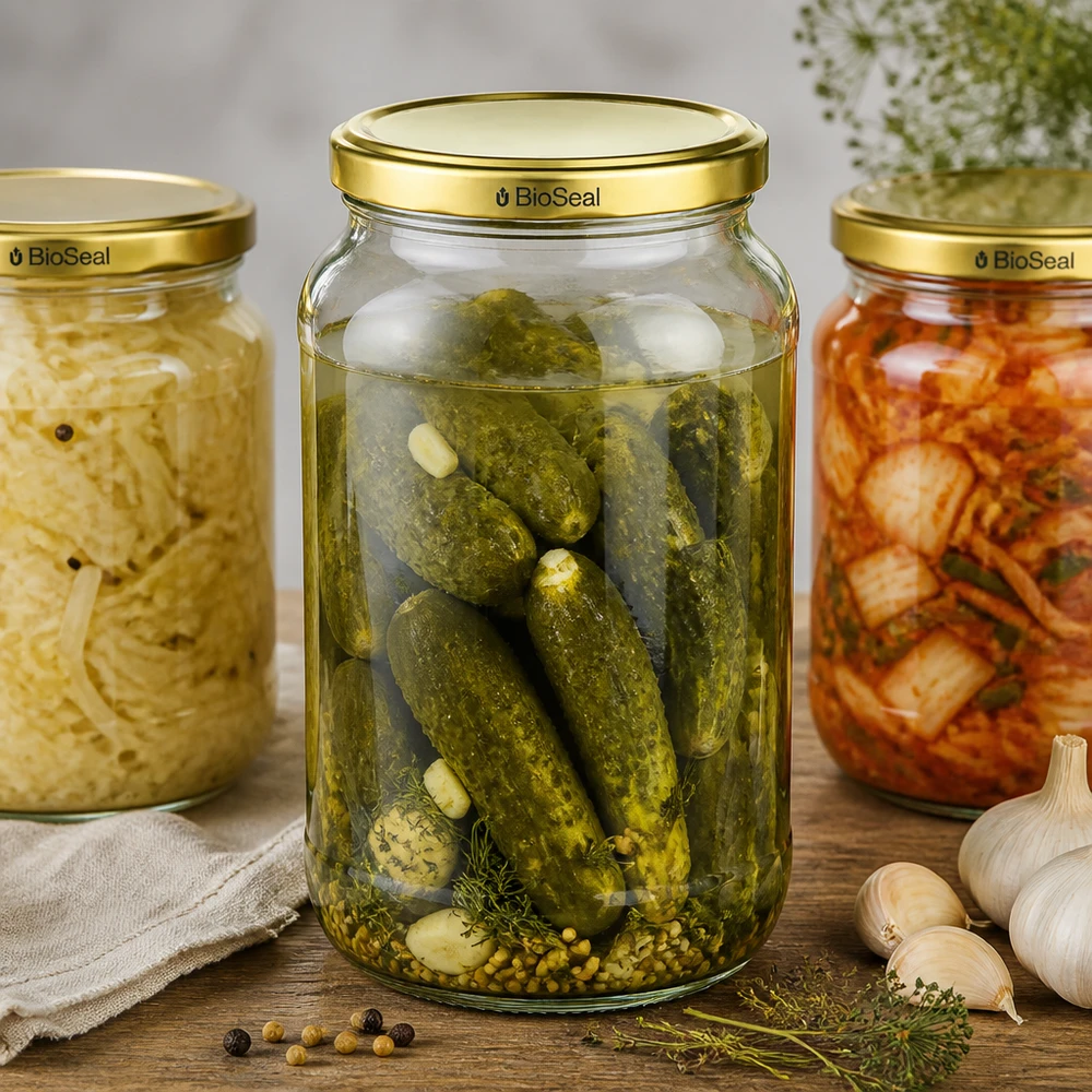 1062ml rond glas met BioSeal deksel goud UNiTWIST UNiTWIST Runda1062 inmaakpotten set ingemaakte komkommers kimchi TO82 BioSeal deksel gefermenteerd voedsel