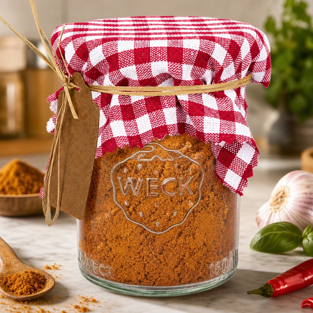 Bordeaux-gekleurde decoratieve doily 12cm vierkant op WECK kruidenpotje met paprika en kruiden in landhuiskeuken