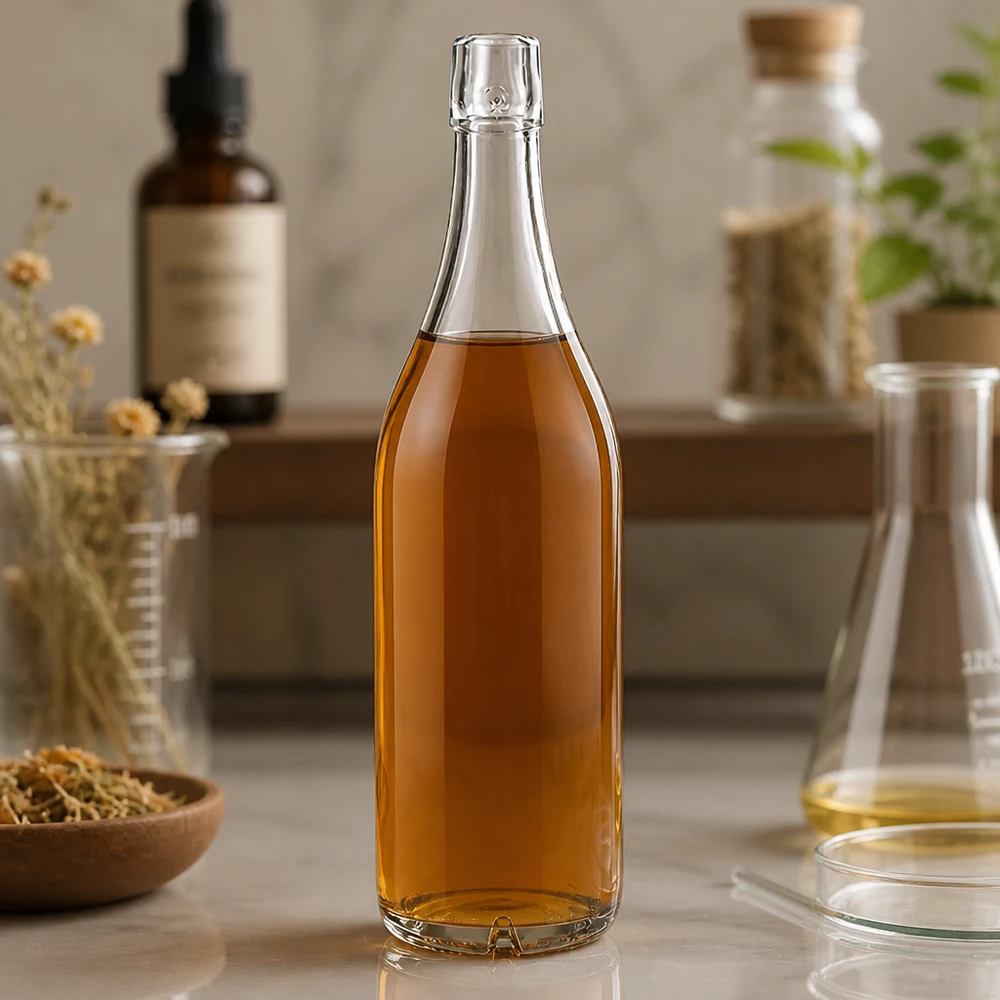 1000ml glazen fles zonder draaidop UNiTWIST Glazen fles 1000ml UNiTWIST met amberkleurige inhoud in een natuurlijke keukenomgeving met kruiden en flessen