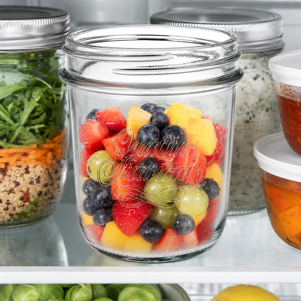 320 ml Quattro Stagioni bekers met kleurrijke fruitsalade in de koelkast, inmaakpotje voor het bereiden en bewaren van maaltijden