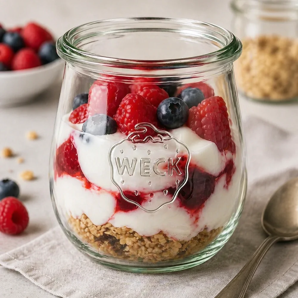 220ml tulpenpotten WECK RR60 WECK tulp pot 220ml RR60 als dessert pot met yoghurt bessen en granola voor perfecte portionering en presentatie