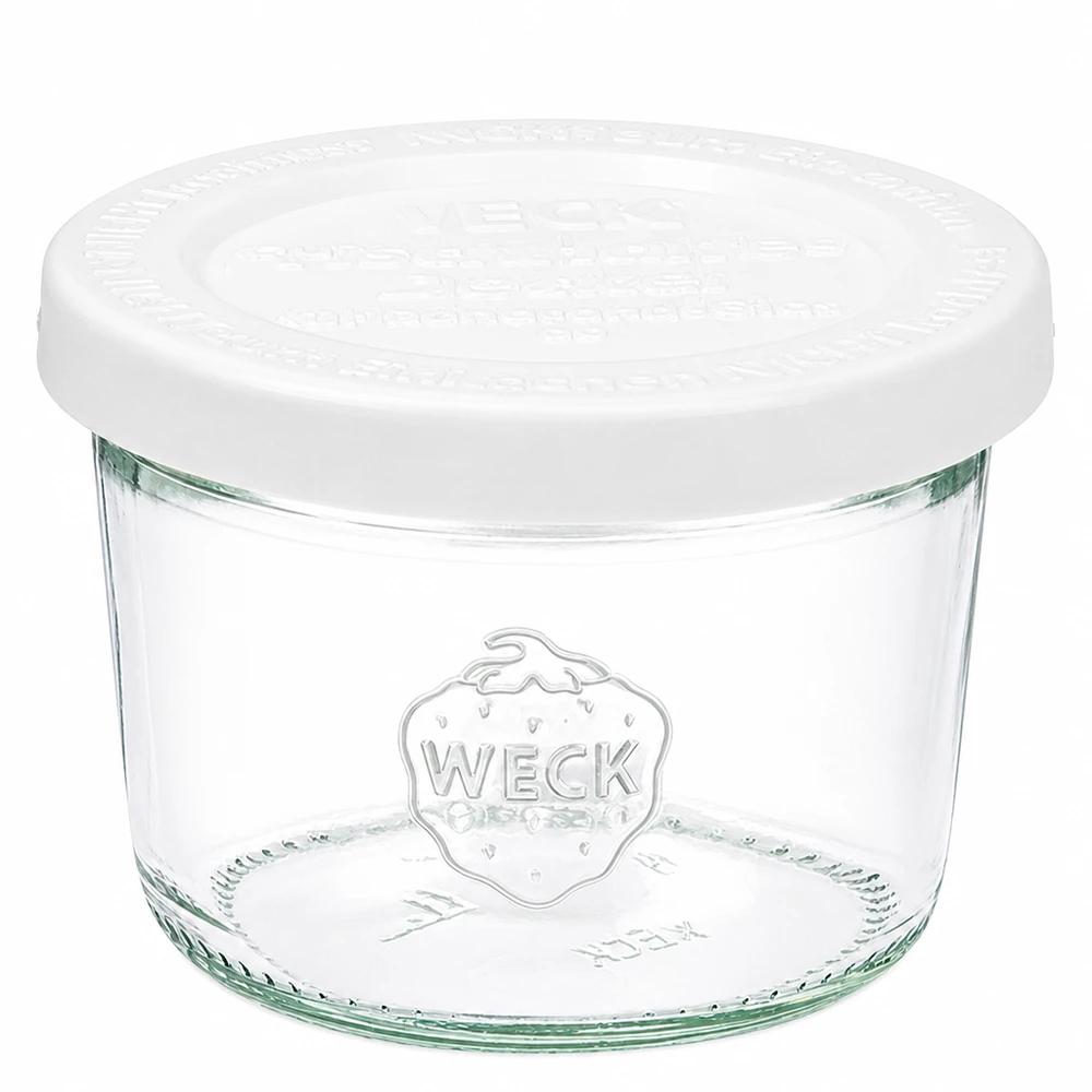 80ml WECK bekers met wit vershouddeksel RR60 van helder glas met WECK logo voor bewaren en bewaren
