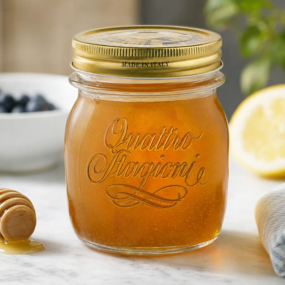 250 ml rond glas "Quattro Stagioni" met deksel 250ml ronde pot Quattro Stagioni met gouden deksel gevuld met honing op aanrecht Made in Italy