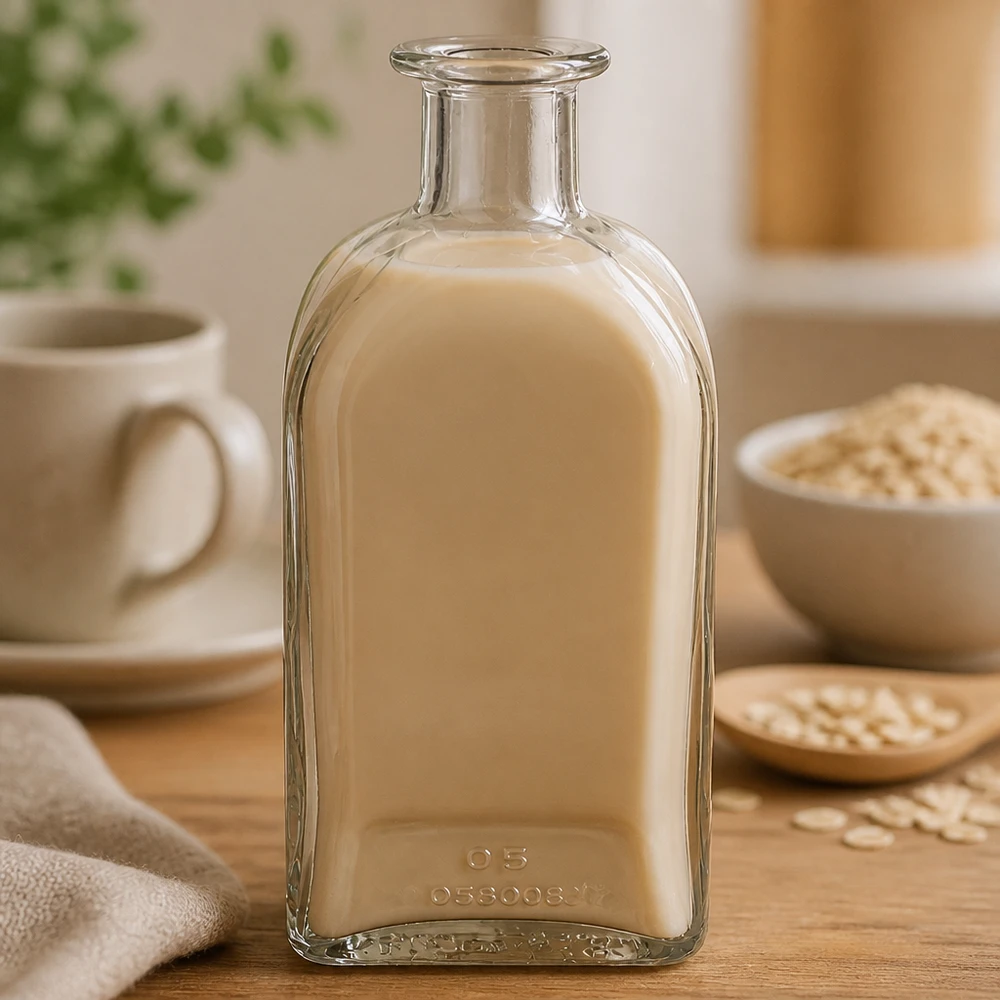 500 ml Apothekersfles Julia zonder sluiting UNiTWIST® 500ml Julia glazen fles gevuld met romige beige vloeistof naast havervlokken en beker in een warme keukensfeer
