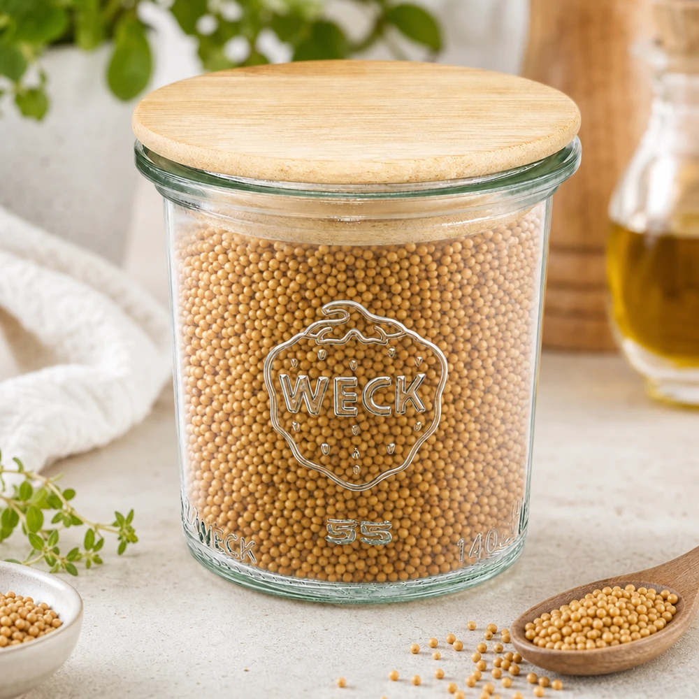 140ml stortglas WECK RR60 met hout deksel WECK RR60-trommels van 140 ml gevuld met sojabonen tonen veelzijdig gebruik voor peulvruchten en kruiden