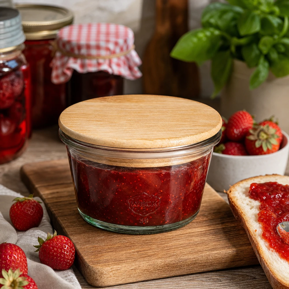 WECK gourmetpot 165ml gevuld met aardbeienjam op een houten plank met verse aardbeien en brood met beleg