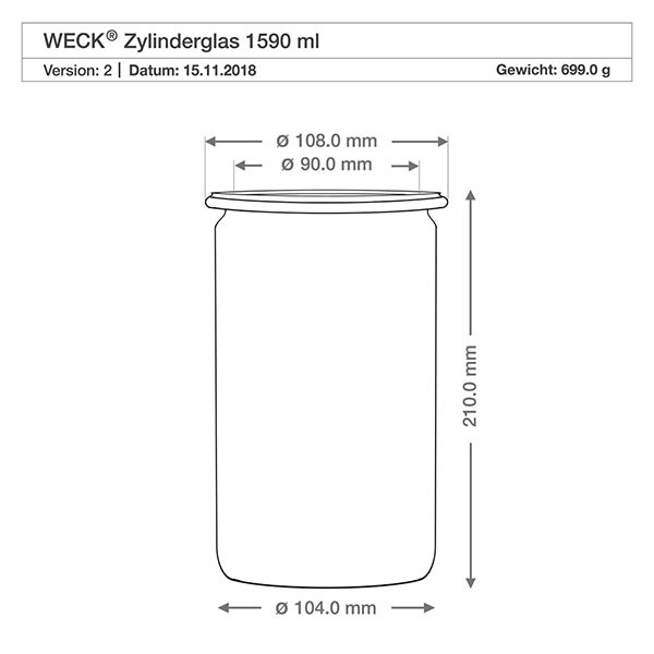 1590ml cilinderglas WECK RR100 met kurk WECK Zylinderglas 1590ml RR100 technische Zeichnung mit Maßangaben Durchmesser Höhe Gewicht Produktspezifikation