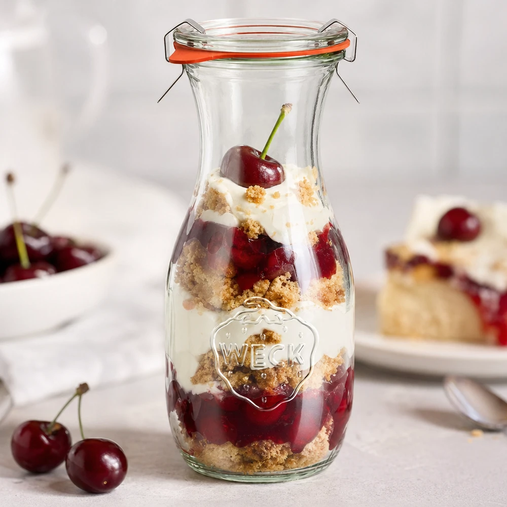 530 ml sapfles, compleet WECK RR60 WECK 530ml sapfles RR60 als dessertpot gevuld met kersengelaagd dessert en room naast verse kersen