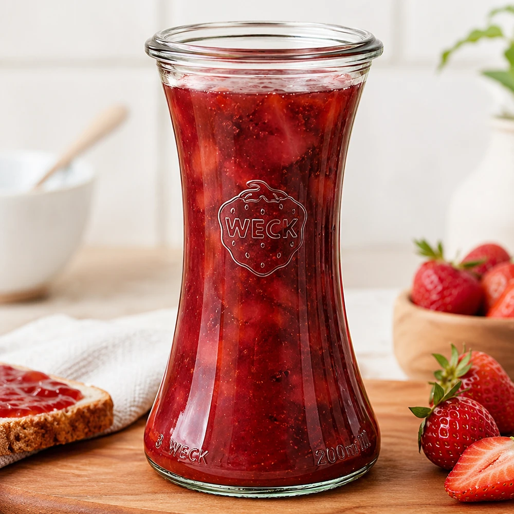 WECK RR60 delicatessenpot 200ml gevuld met rode aardbeienjam naast verse aardbeien en brood met beleg