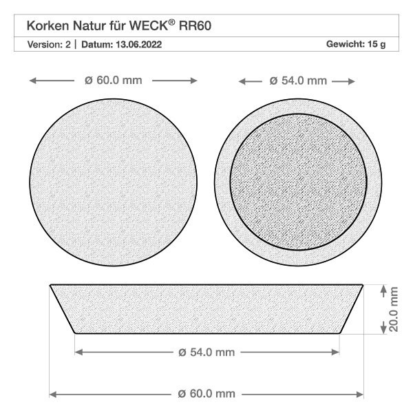 220ml tulpenglas WECK RR60 met kurk Technische tekening kurk naturel voor WECK RR60 pot met afmetingen 60mm diameter 15g gewicht Productspecificatie