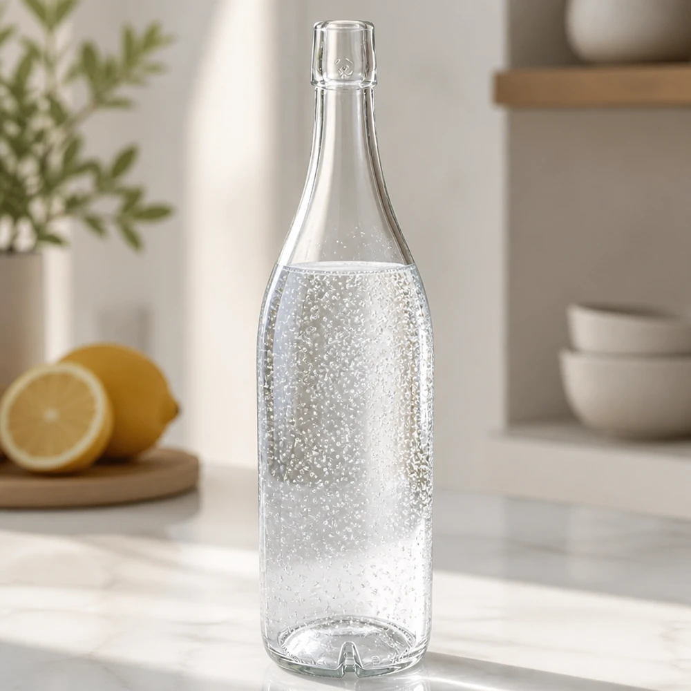 1000ml glazen fles zonder draaidop UNiTWIST Glazen fles 1000ml UNiTWIST gevuld met bruisend water Aanrecht citroenen moderne keukeninrichting helder
