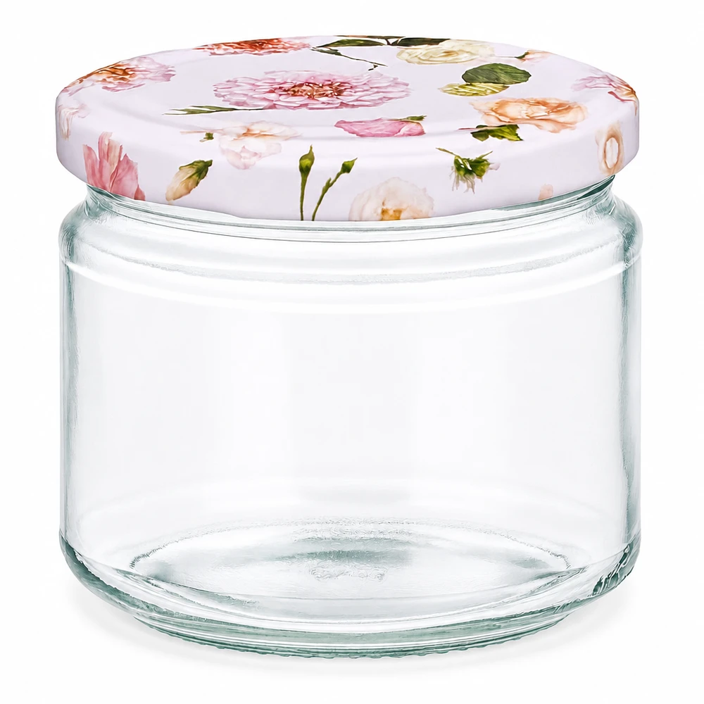 Ronde pot van 330 ml + deksel BasicSeal roze bloem UNiTWIST 330ml ronde pot met roze bloem deksel BasicSeal seal inmaakpot voorraadpot transparant