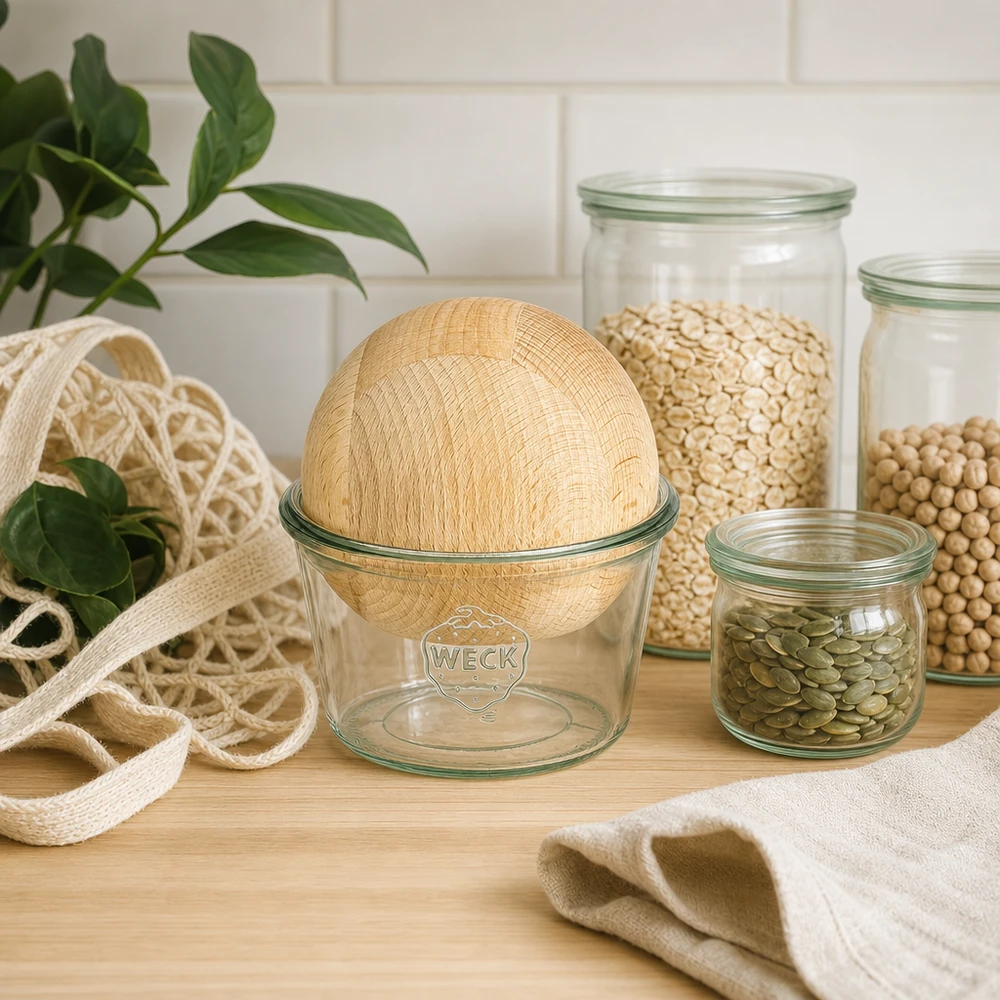370ml stortglas WECK RR100 met houten bal WECK voorraadpot 370ml RR100 duurzaamheid zero waste keuken beuken bol voorraadpotten peulvruchten eco lifestyle