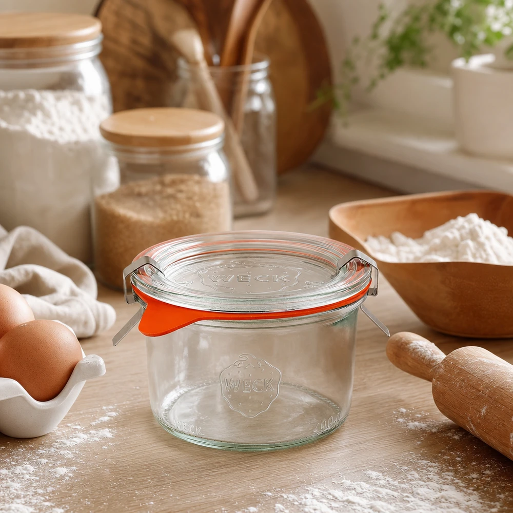 200ml stortglas compleet WECK RR80 WECK bekers 200ml RR80 in keukentafereel met bakingrediënten bloem eieren en houten keukengerei om te bakken en koken