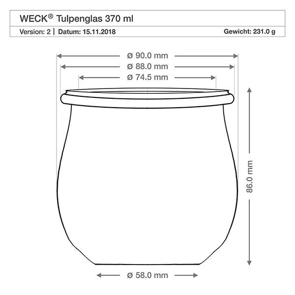 370ml tulpenglas WECK RR80 met houten bal Technische tekening WECK tulpenpot RR80 370ml met afmetingen en productspecificaties, gewicht 231g