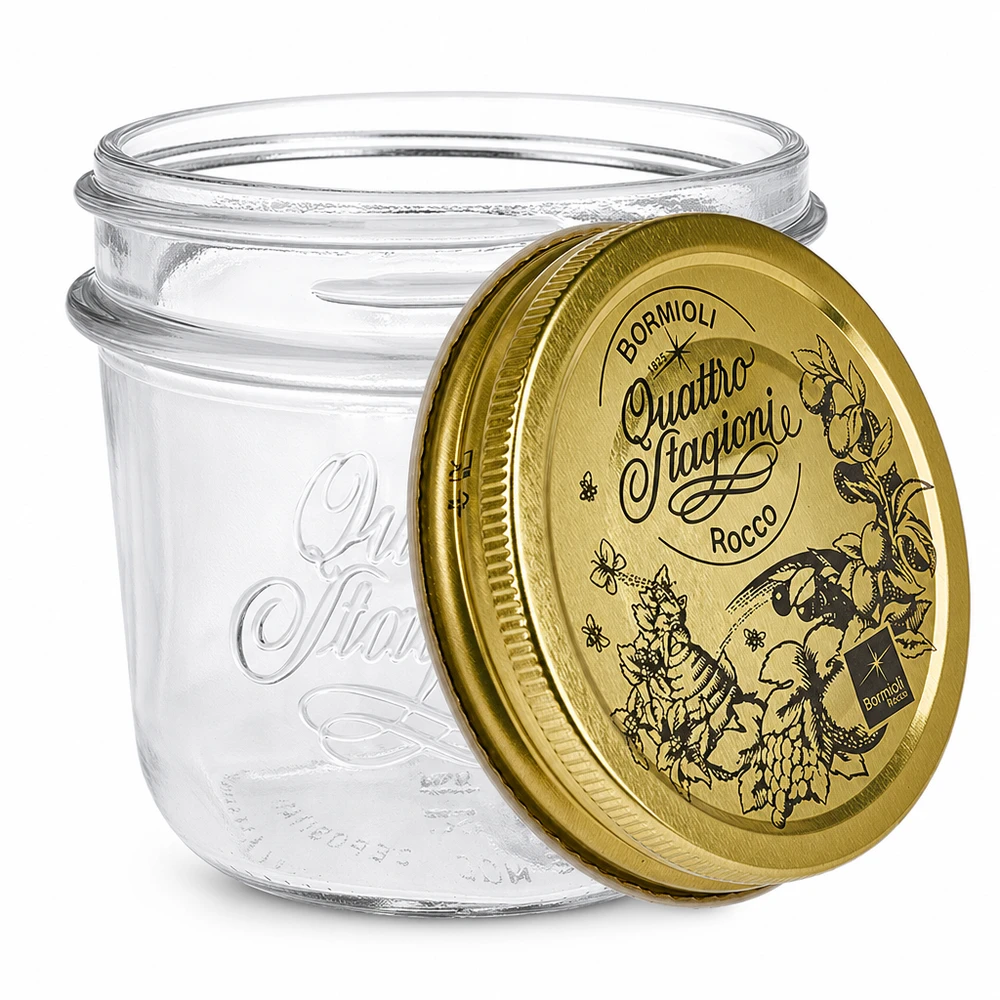 200ml Quattro Stagioni bekers met gouden deksel Bormioli Rocco inmaakpot transparant leeg