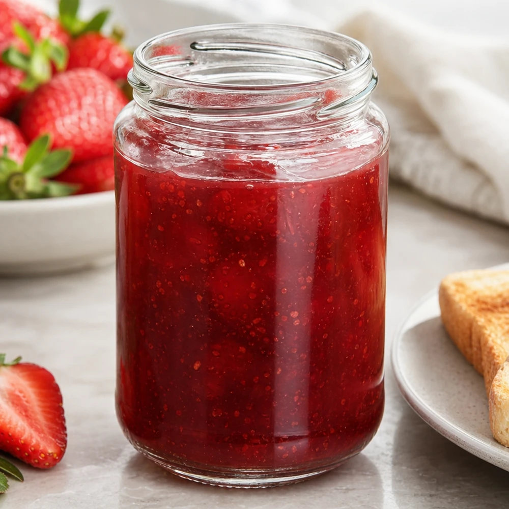 UNiTWIST Runda390 rond glas 390ml TO70 gevuld met rode aardbeienjam naast verse aardbeien en toast