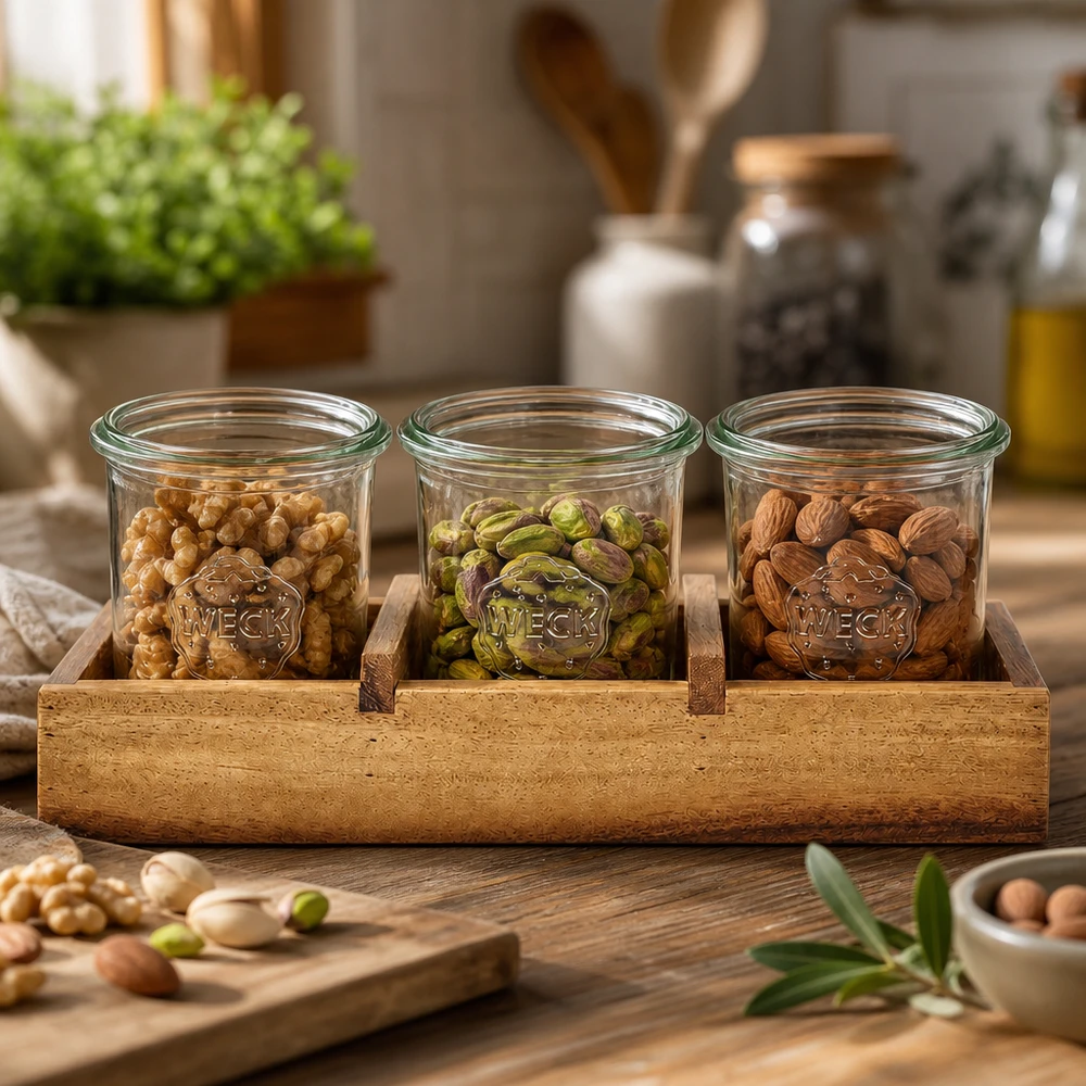 WECK tuimelschalen met noten Walnoten Pistachenoten Amandelen in acaciahout Dienblad Box3 Keukenopbergers Opbergpotten