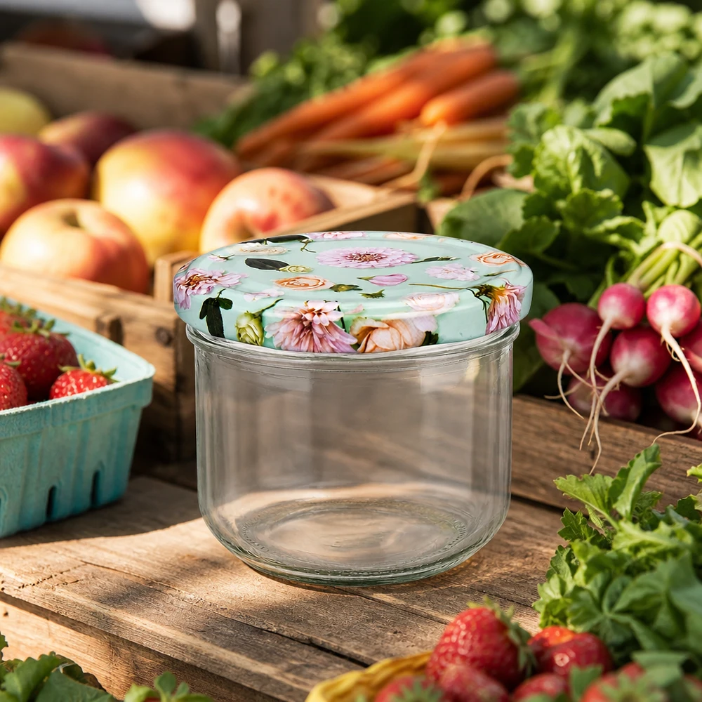 260ml bekers BasicSeal bloemdeksel mint op een houten tafel omringd door verse groenten, fruit en kruiden