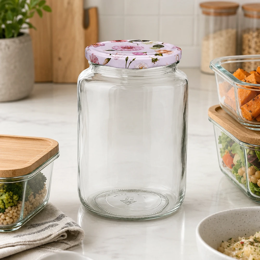 Ronde pot van 795 ml + BasicSeal-deksel met roze bloem UNiTWIST 795ml ronde pot leeg met roze bloem deksel BasicSeal tussen gevulde voorraadbakjes op wit keukenblad