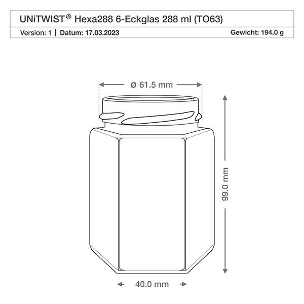 288ml hexaglas zonder deksel (TO63) UNiTWIST UNiTWIST Hexa288 6-hoekig glas 288ml TO63 Technische tekening met afmetingen Diameter 61,5mm Hoogte 99mm Gewicht 194g
