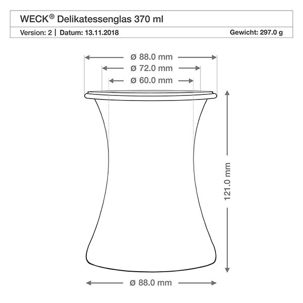 370ml delicatessenglas WECK RR80 met kurk WECK delicatessenpot 370ml RR80 technische tekening met afmetingen diameter 88mm hoogte 121mm gewicht 297g