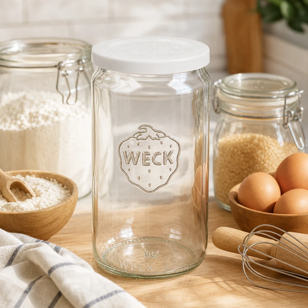 340ml cilinderglas met vershouddeksel WECK RR60 WECK 340ml cylinder pot leeg met wit RR60 deksel in bakkeuken met eieren bloem en houten keukengerei