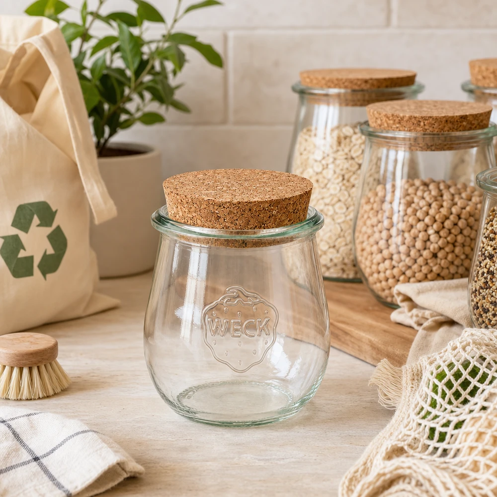 WECK tulpenpot RR60 220ml leeg met kurkdeksel in duurzame zero-waste keuken naast voorraadpotten met peulvruchten