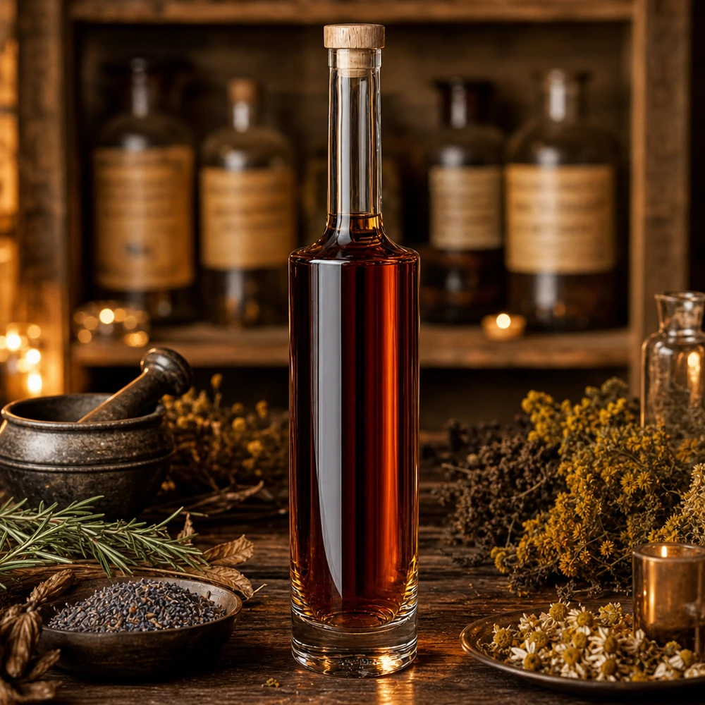 500 ml glazen fles Rosa met houten handgreepkurk UNiTWIST® 500ml Glasflasche Rosa mit brauner Spirituose in Apotheker-Ambiente mit Kräutern Gewürzen und Mörser